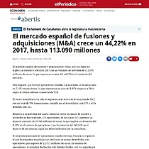 El mercado espaol de fusiones y adquisiciones (M&A) crece un 44,22% en 2017, hasta 113.090 millones